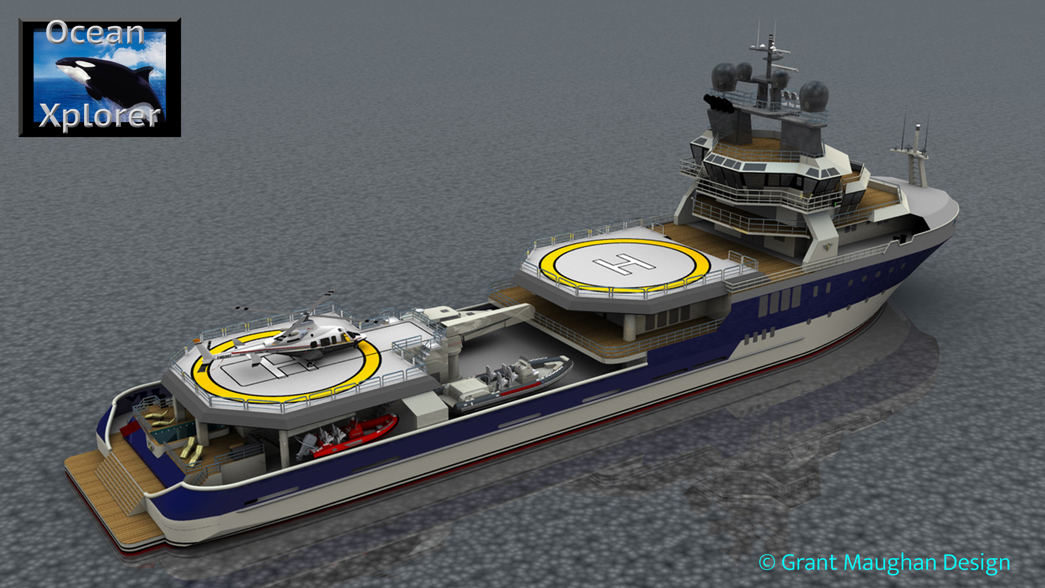 63-metre North Sea search-and-rescue vessel under expedition yacht conversion in Argentina — aerial stern quarter view